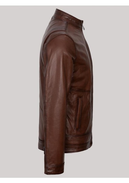 Hakiki Deri Kahverengi Erkek Deri Mont Yan Cepli Fermuarlı Deri Ceket modelleri