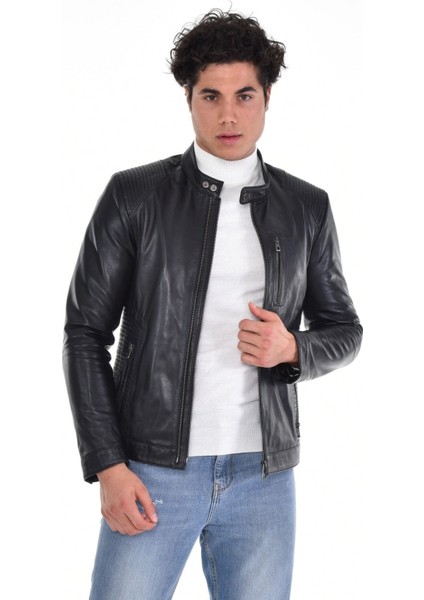 Hakiki Deri Siyah Erkek Deri Mont Hakim Yaka Çift Fermuarlı Üç Cepli Deri Ceket