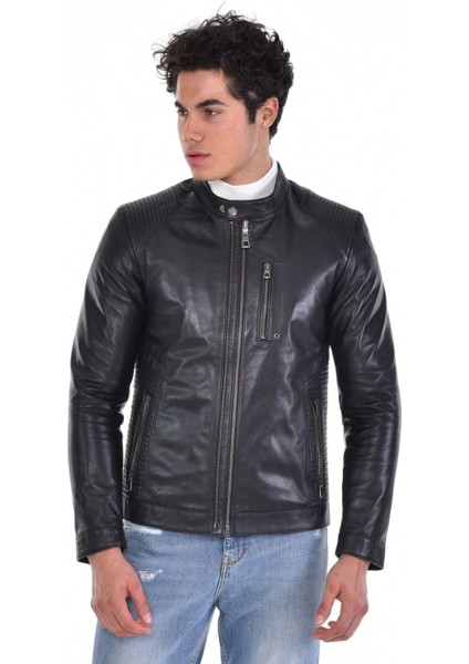 Hakiki Deri Siyah Erkek Deri Mont Hakim Yaka Çift Fermuarlı Üç Cepli Deri Ceket fiyatları