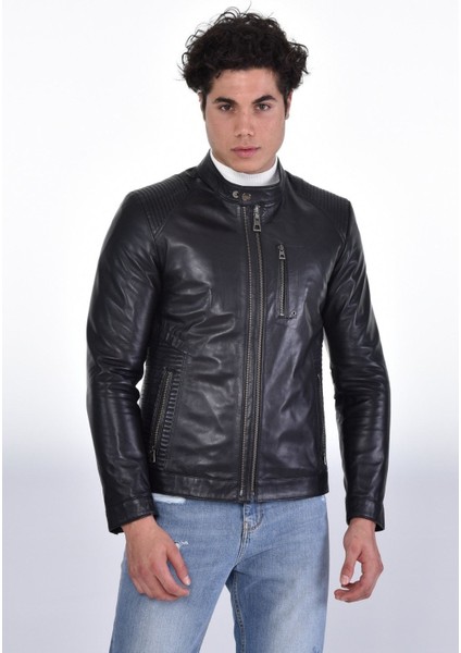 Hakiki Deri Siyah Erkek Deri Mont Hakim Yaka Çift Fermuarlı Üç Cepli Deri Ceket fırsatları