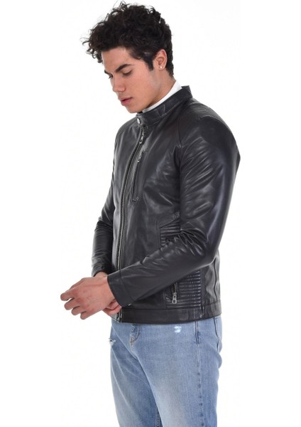 Hakiki Deri Siyah Erkek Deri Mont Hakim Yaka Çift Fermuarlı Üç Cepli Deri Ceket indirimleri