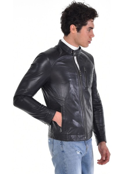 Hakiki Deri Siyah Erkek Deri Mont Hakim Yaka Çift Fermuarlı Üç Cepli Deri Ceket