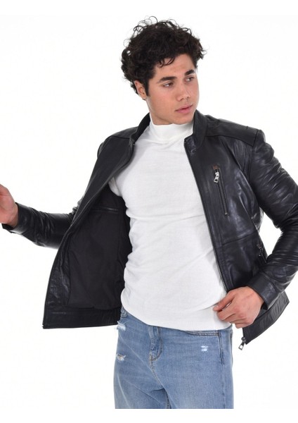 Hakiki Deri Siyah Erkek Deri Mont Düz Çizgi Desenli Üç Cepli Deri Ceket