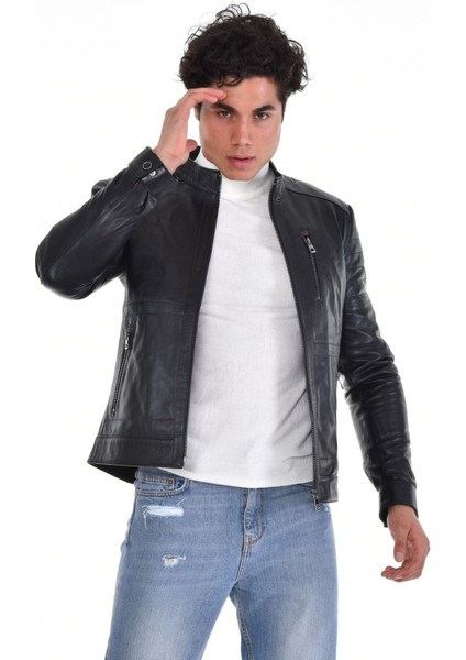 Hakiki Deri Siyah Erkek Deri Mont Düz Çizgi Desenli Üç Cepli Deri Ceket fiyatları