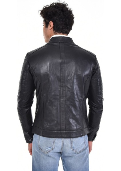 Hakiki Deri Siyah Erkek Deri Mont Düz Çizgi Desenli Üç Cepli Deri Ceket modelleri