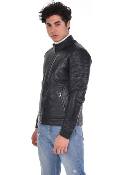 Hakiki Deri Siyah Erkek Deri Mont Düz Çizgi Desenli Üç Cepli Deri Ceket indirimleri
