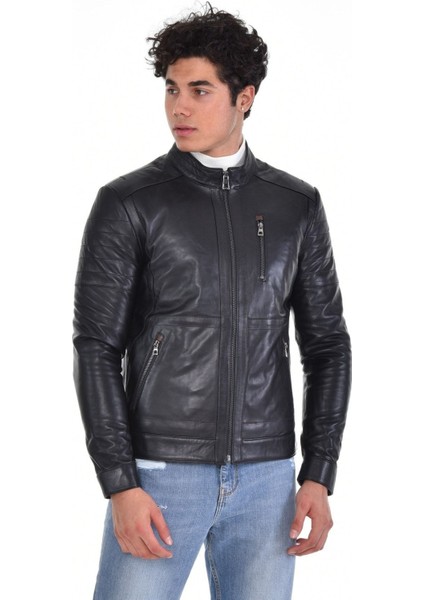 Hakiki Deri Siyah Erkek Deri Mont Düz Çizgi Desenli Üç Cepli Deri Ceket