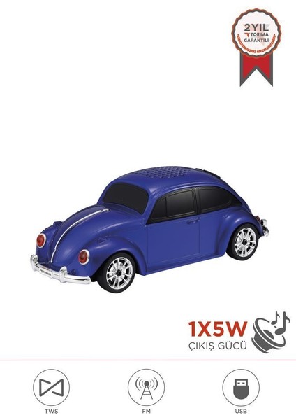 D-49 Mavi Araba Voswos Retro Tasarım Usb/Tf/Fm Bluetooth Hoparlör Speaker