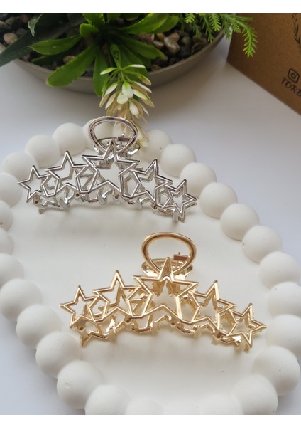 Yıldız Detaylı Gold ve Silver Kadın Metal Mandal Toka(6 Cm)