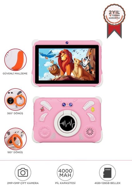 T15 Pembe 4gb +128 GB Tablet Çocuk Tableti Kılıf Hediyeli