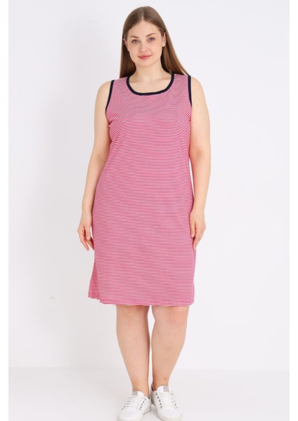 Kadın Çizgili %100 Pamuk Biye Detaylı Relaxed Askılı Elbise