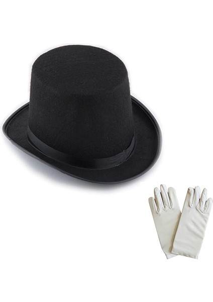 Siyah Sihirbaz Fötr Şapka 15 cm - 1 Çift Beyaz Sihirbaz Eldiveni - Yetişkin Boy - CDY8682-8996