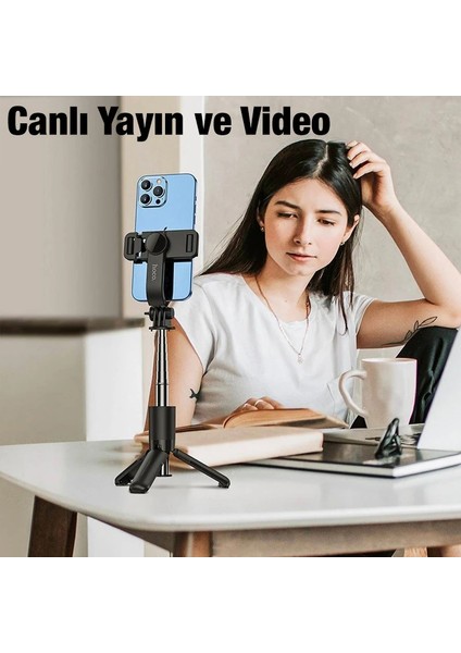 Hoco K17 Bluetooth Uzaktan Kontrol Selfie Çubuğu Tripod Mini Canlı Yayın Standı - ISL9128-3263
