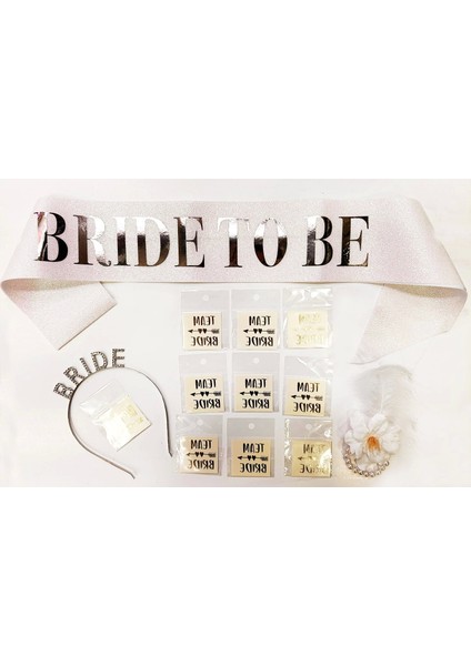Gümüş Renk Bride Partisi Taç Kuşak Dövme Bileklik Seti Full 13 Parça - CDY3141-9484