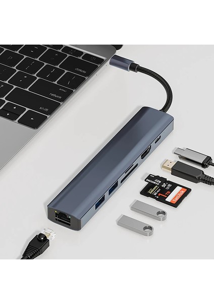 Ally BYL-2303 7 In 1 Type-C To USB + Type-C + Ethernet + Kart Okuyucu + HDMI Dönü? - ISL4926-8522