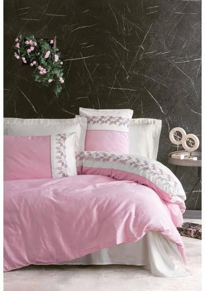 Cotton Box Brode Nakışlı Çift Kişilik Saten Nevresim Takımı Niobe Pembe