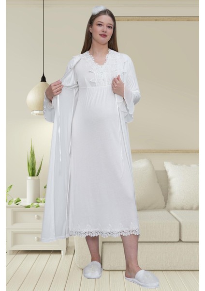 Mecit 1518 Ekru Sabahlıklı Lohusa Gecelik Takım