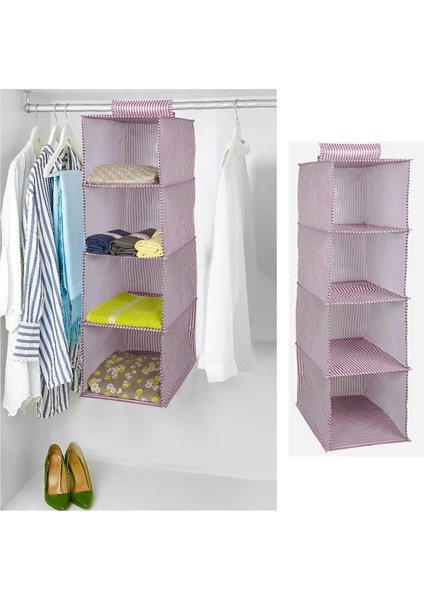 Dolap Içi Düzenleyici Katlanabilir Çok Amaçlı 4 Bölmeli Çizgili Bez Organizer (Pembe)