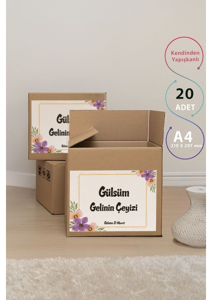 Mor ve Pembe Çiçek Desenli Çeyiz Etiketi - 20 Adet