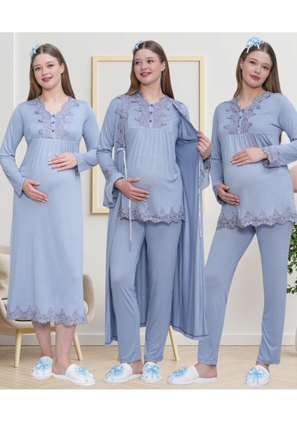 Mecit 1519 Mavi Lohusa Sabahlık Gecelik Pijama Set