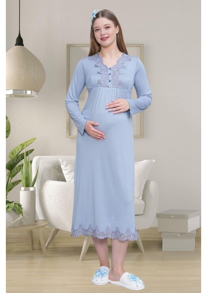 Mecit 1519 Mavi Lohusa Sabahlık Gecelik Pijama Set modelleri