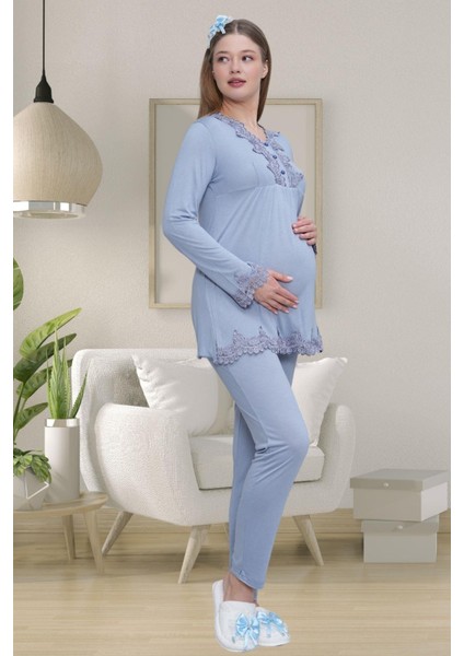 Mecit 1519 Mavi Lohusa Sabahlık Gecelik Pijama Set fırsatları
