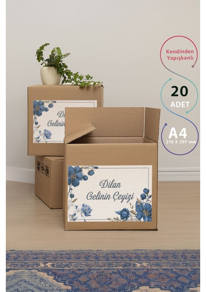 Çeyiz Kutusu Etiketi 20'li Mavi Çiçekli Etiket