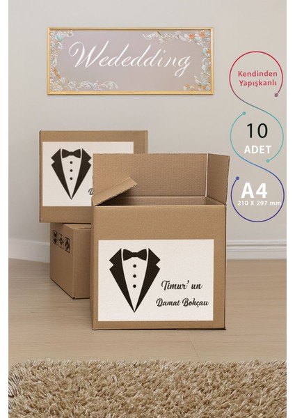 Isme Özel Damat Bohçası Etiketi - 10'lu A4 Paket - Kendinden Yapışkanlı Çeyiz Kolisi Sticker
