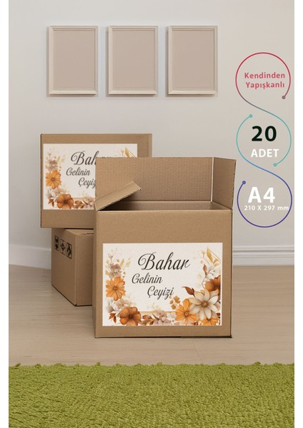 Çeyiz Etiketi Kahverengi Çiçek Desenli Etiket - 20'li