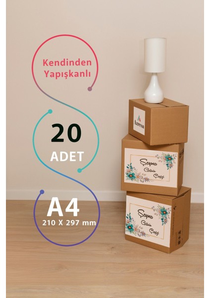 Çeyiz Kutusu Etiketleri - A4 ve Kişiye Özel * Mavi Çiçekli