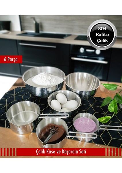 3'lü Çelik Kase ve Kaçerola Set 6 Parça