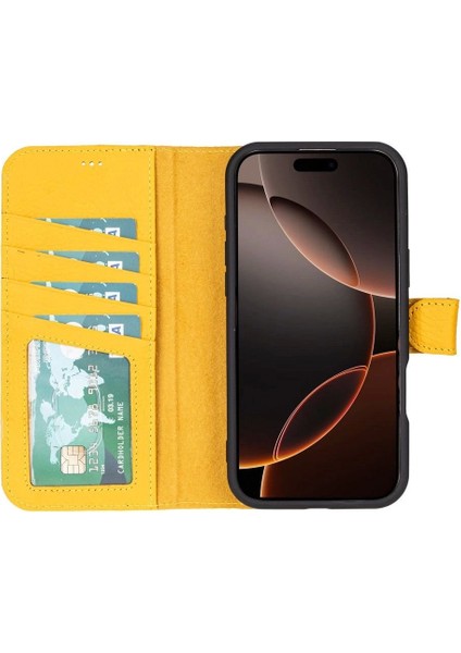 Apple iPhone 16 Pro Uyumlu, Hakiki Deri, El Yapımı, Cüzdanlı Kılıf, Limon Sarı