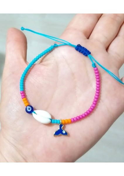 Deniz Kabuğu Denizkızı Kuyruğu Nazar ve Pembe Turuncu Mavi Çek Cam Boncuklu Bileklik