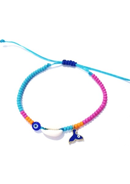 Deniz Kabuğu Denizkızı Kuyruğu Nazar ve Pembe Turuncu Mavi Çek Cam Boncuklu Bileklik fiyatları
