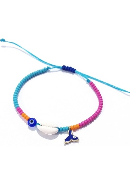 Deniz Kabuğu Denizkızı Kuyruğu Nazar ve Pembe Turuncu Mavi Çek Cam Boncuklu Bileklik modelleri