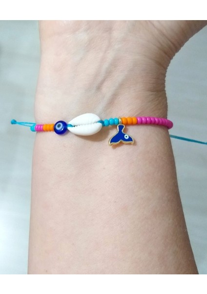 Deniz Kabuğu Denizkızı Kuyruğu Nazar ve Pembe Turuncu Mavi Çek Cam Boncuklu Bileklik indirimleri