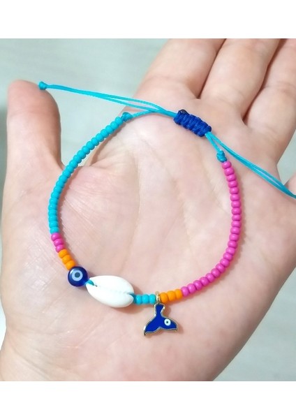 Deniz Kabuğu Denizkızı Kuyruğu Nazar ve Pembe Turuncu Mavi Çek Cam Boncuklu Bileklik