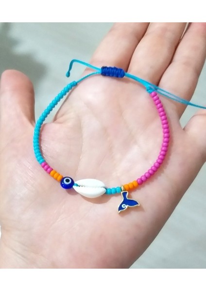 Deniz Kabuğu Denizkızı Kuyruğu Nazar ve Pembe Turuncu Mavi Çek Cam Boncuklu Bileklik