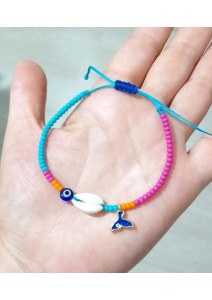 Deniz Kabuğu Denizkızı Kuyruğu Nazar ve Pembe Turuncu Mavi Çek Cam Boncuklu Bileklik