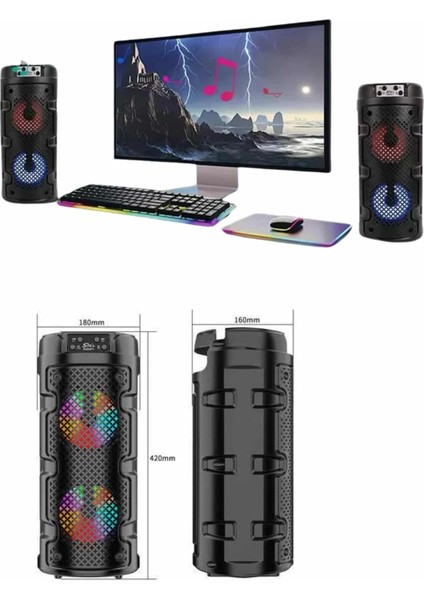 Bluetooth Hoparlör Rgb LED Işıklı Büyük Boy Yüksek Bass Çift Loblu