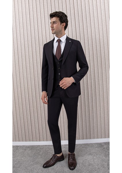 Erkek Likralı Slim Fit Sivri Yaka Yelekli Takım Elbise