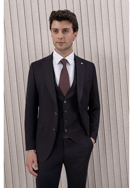 Erkek Likralı Slim Fit Sivri Yaka Yelekli Takım Elbise
