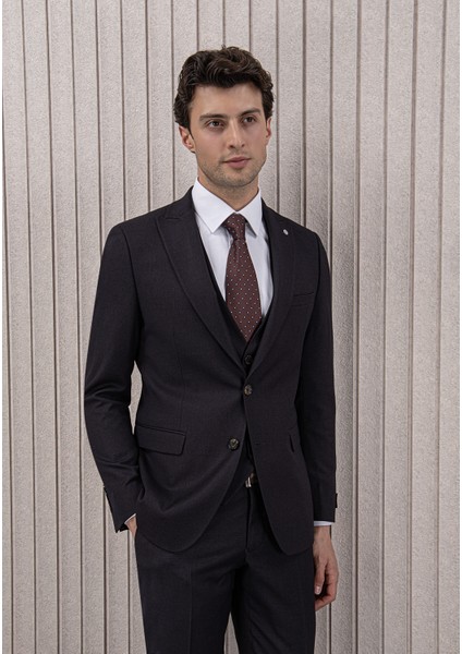 Erkek Likralı Slim Fit Sivri Yaka Yelekli Takım Elbise