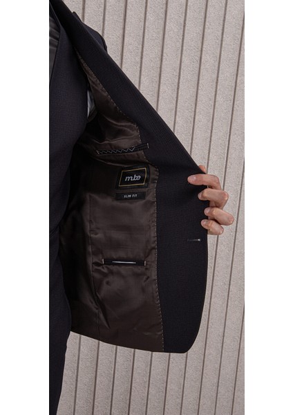 Erkek Likralı Slim Fit Sivri Yaka Yelekli Takım Elbise