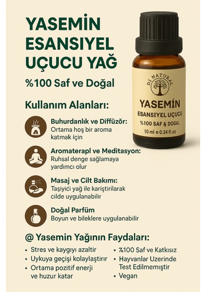Yasemin Esansiyel Uçucu Koku Yağı Difüzör Esansı Buhurdanlık Yağı Aromaterapi Yağı 10ML