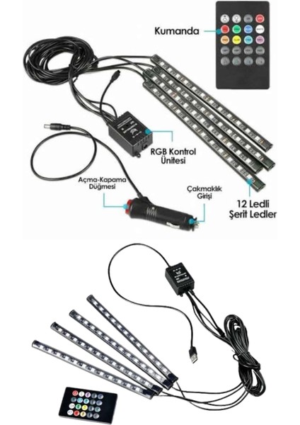 Araç Içi Ayak Altı LED 12 LED Işık Sese Müziğe Duyarlı Rgb Işıklı Aydınlatma Seti