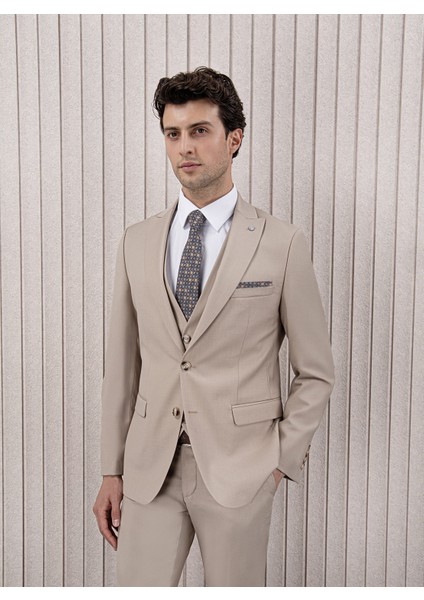 Erkek Slim Fit Sivri Yaka Yelekli Takım Elbise