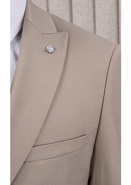 Erkek Slim Fit Sivri Yaka Yelekli Takım Elbise