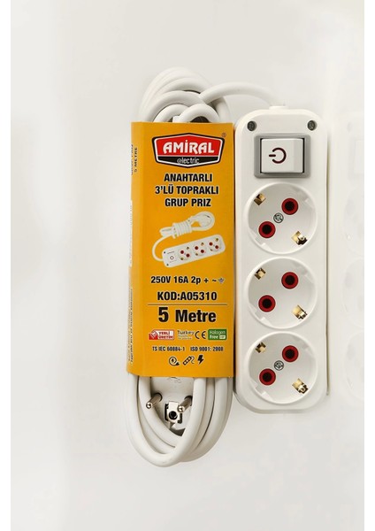 Amiral 3' Lü Topraklı Anahtarlı 5 Metre Kablolu Grup Priz - TGZ1681-8866