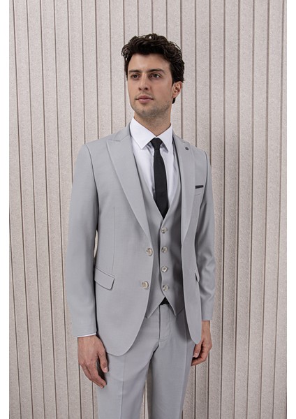 Erkek Slim Fit Sivri Yaka Yelekli Takım Elbise